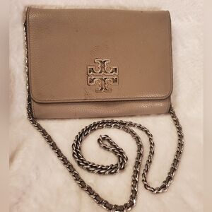 Tory Burch Britten French Gray Leather Taupe Chain Crossbody  Purse Bag Wallet